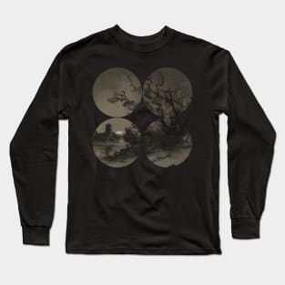 Vintage Style Minimalistic Moonlight Scene Geometric Divided Into Four Circles Long Sleeve T-Shirt